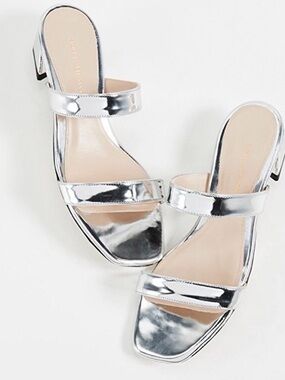 Stuart Weitzman THE AVA Specchio Silver Metallic Block Heel Slide Sandals sz 9.5